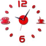 ISHOWTIENDA Fashion Acrylic DIY Coffee Cup Self Adhesive Interior Wall Creative Decoration Clock Mute Clock Stickers Muraux Wall Clock(Red)