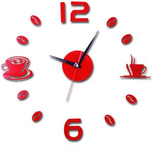 ISHOWTIENDA Fashion Acrylic DIY Coffee Cup Self Adhesive Interior Wall Creative Decoration Clock Mute Clock Stickers Muraux Wall Clock(Red)