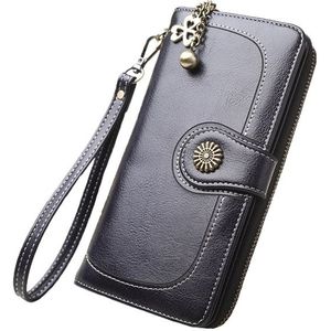 Vintage Button Phone Purses Women Wallets Female Purse Leather Brand Retro Ladies Long Zipper Woman Wallet Card Clutch(Long black)