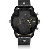 Cagarny 6819 Multifunctionele dubbele tijdzone kwarts Business Sport Watch voor mannen (zwart shell zwart oppervlak zwart leer)