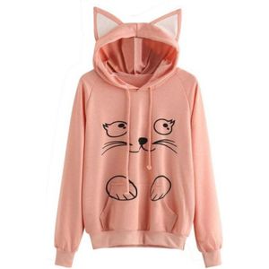 Effen zwarte hooded top cute cat hoodie warme Womens sport trui  grootte: XL (roze)