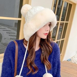 Autumn and Winter Ladies Cotton and Cashmere Skullcap Three Fur Balls Cute Plus Velvet Thickening  Pure Color Knitted Hat  Size: Free Size(Milky White)