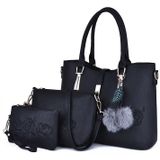 3 in 1 Embroidery Rose Pattern PU Shoulder Bag Ladies Handbag Messenger Bag with Plush Ball (Black)