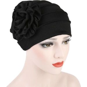 Solid Color Side Flower Turban Hat Women Confinement Hat  Size:Adjustable(Black)