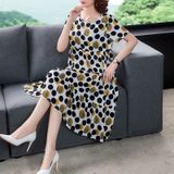 Cotton Silk Floral Skirt Short Sleeve Loose Dress (M)