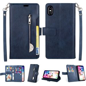 For iPhone XS Max Multifunctional Zipper Horizontal Flip Leather Case with Holder & Wallet & 9 Card Slots & Lanyard(Blue)