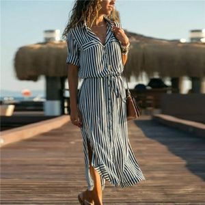 Stripe Shirt Long Chiffon Beach Casual Long Sleeve Elegant Party Dress  Size:XL(Black)