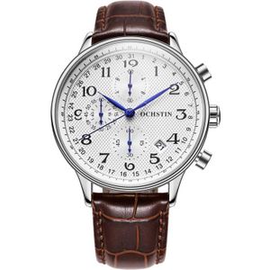 Ochstin 6050C multifunctioneel quartz heren lederen horloge (zilver + koffie)