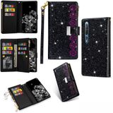 For Xiaomi Mi 10 5G / Mi 10 Pro 5G Multi-card Slots Starry Sky Laser Carving Glitter Zipper Horizontal Flip Leather Case with Holder & Wallet & Lanyard(Black)