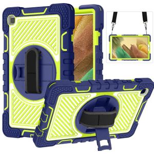 For Samsung Galaxy Tab A7 Lite T220 / T225 360 Degree Rotation Contrast Color Shockproof Silicone + PC Case with Holder & Hand Grip Strap & Shoulder Strap(Navy+Yellow Green)