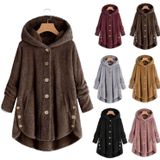 Button Plush Irregular Solid Color Coat (Color:Wine Red Size:S)