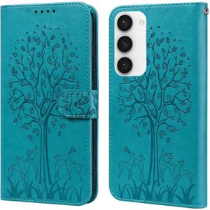 Voor Samsung Galaxy S23 5G Tree & Deer Pattern Pressed Printing Horizontal Flip Leather Phone Case(Blauw)