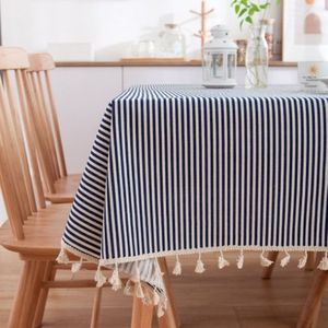 Tassel Lace Daisy Print Cotton Linen Tablecloth  Size:60x60cm(Navy Blue Stripes)