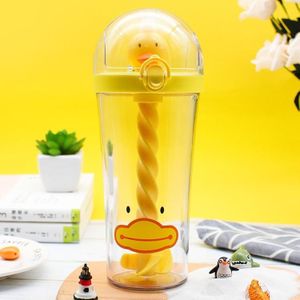401-500ml Stirring Cup Cartoon Straw Cup Student Plastic Water Cup Portable Children Cup(Yellow)