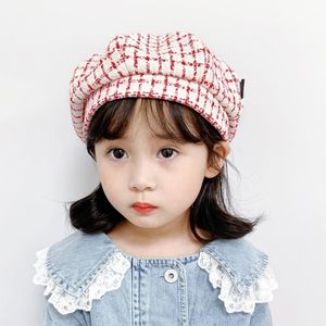 MZ9676 Girls Plaid Beret Spring And Autumn Children Hat  Size: 48-50cm(Red)