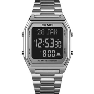 SKMEI 1763 Qibla Calendar Timing Multifunctional LED Digital Display Stainless Steel Strap Luminous Electronic Watch(Silver and Black)