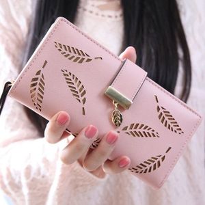 Long Gold Hollow Leaves Coin Purse Card Holders Wallet for Women(Pink)