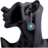 2 Pairs Ethnic Sun Flower Style Rhinestone Earrings Long Earbobs(Silver+Light Blue)