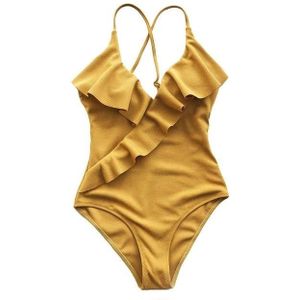 2 PCS Solid Color Sexy V-neck Ruffled Crossed Shoulder Straps One-piece Swimsuit  Size:S(Yellow)