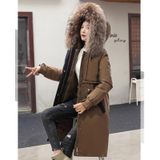 Mid-length Large Fur Collar Patded Coat Jacket (Kleur: Koffie Maat: XXL)