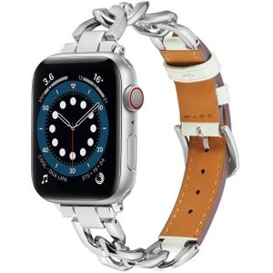 Voor Apple Watch Ultra 49 mm / serie 8 & 7 45 mm / SE 2 & 6 & SE & 5 & 4 44 mm / 3 & 2 & 1 42 mm ketting + lederen horlogeband (zilver + wit)