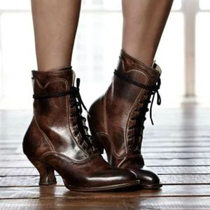Vrouwen hoge hakken groot formaat Lace laarzen Fighter retro PU lederen ronde teen schoenen  schoenmaat: 43 (bruin)