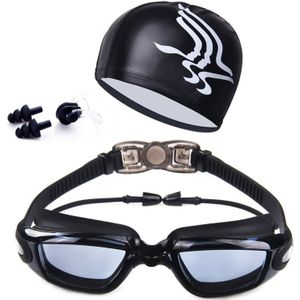 High-definition Waterproof Fogproof Swimming Goggles with Swimming Cap (Black)