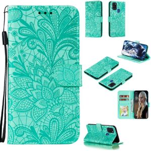 For Samsung Galaxy A21s Lace Flower Embossing Pattern Horizontal Flip Leather Case  with Holder & Card Slots & Wallet & Photo Frame & Lanyard(Green)