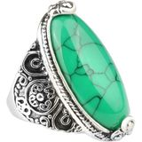 Fashion Vintage Oval Turquoise Flower Ring Women Antique Silver Jewelry  Ring Size:8(Green)