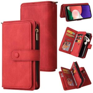For Samsung Galaxy A22 5G Skin Feel PU + TPU Horizontal Flip Leather Case with Holder & 15 Cards Slot & Wallet & Zipper Pocket & Lanyard(Red)
