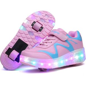 786 LED-licht ultra licht oplaadbare double wheel rolschaatsen schoenen sportschoenen  grootte : 32 (roze)