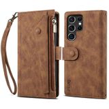 Voor Samsung Galaxy S22 Ultra 5G Retro Frosted Horizontale Flip Lederen Telefoonhoesje Met Houder & Card Slot & Portemonnee & Rits Pocket & Lanyard (Brown)