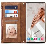 Voor Samsung Galaxy S22 Ultra 5G Retro Frosted Horizontale Flip Lederen Telefoonhoesje Met Houder & Card Slot & Portemonnee & Rits Pocket & Lanyard (Brown)