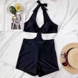 Ladies Big Steel Ring One-Piece Swimsuit Halter Bikini with Chest Pad (Color:Black Size:M)
