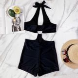 Ladies Big Steel Ring One-Piece Swimsuit Halter Bikini with Chest Pad (Color:Black Size:M)