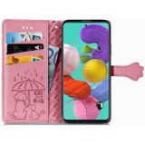 For Galaxy A51 Cute Cat and Dog Embossed Horizontal Flip Leather Case with Bracket / Card Slot / Wallet / Lanyard(Pink)