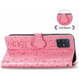 For Galaxy A51 Cute Cat and Dog Embossed Horizontal Flip Leather Case with Bracket / Card Slot / Wallet / Lanyard(Pink)