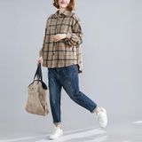 Long-sleeved Plaid Shirt Women Autumn And Winter Loose Retro All-match Shirt Jacket (Color:Khaki Size:Free Size)