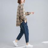 Long-sleeved Plaid Shirt Women Autumn And Winter Loose Retro All-match Shirt Jacket (Color:Khaki Size:Free Size)