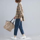 Long-sleeved Plaid Shirt Women Autumn And Winter Loose Retro All-match Shirt Jacket (Color:Khaki Size:Free Size)