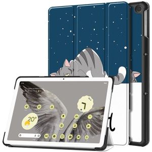 Voor Google Pixel Tablet Custer Painted 3-voudige houder Slimme lederen tablethoes (luie kat)