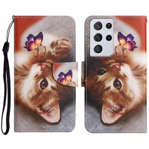 Voor Samsung Galaxy S21 Ultra 5G Geschilderd Patroon Horizontale Flip Leren Case met Houder & Card Slot & Portemonnee (Butterfly Cat)