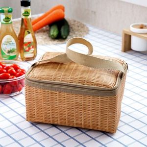 Portable Insulated Thermal Lunch Box Canvas Imitation Rattan Lunch Bag Picnic Container