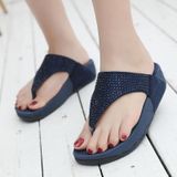 Women Casual Slippers Wedge Heel Rhinestone Platform Flip Fops  Size: 35(Blue)