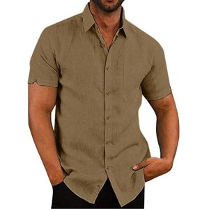 Solid Color Cotton Short-sleeved Lapel Casual Repair Body Shirt for Men  Size: 2XL( Khaki)
