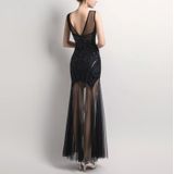 Pailletten Beading Avondjurken Mermaid Long Formal Prom Party Dress  Size:S(Black)