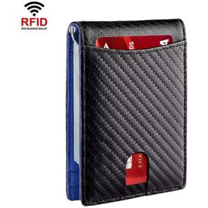 RFID Anti-diefstalborstel Leer Multi-kaartvak Muntportemonnee Creditcardhouder (koolstofvezel + blauwe binnenkant)