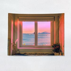 Sea View Window Background Cloth Fresh Bedroom Homestay Decoration Wall Cloth Tapestry  Size: 150x100cm(Window-3)