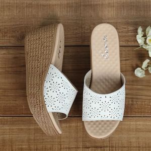 Gedrukte hoge hak platform vrouwen slippers  schoenmaat: 37 (wit)