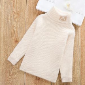 Letter Pattern Imitation Mink Velvet Children Turtleneck Knitted Sweater (Color:White Size:140cm)